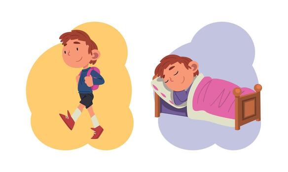Schoolchild Daily Routine with Boy Sleeping in Bed and Walking to School with Backpack Set vector