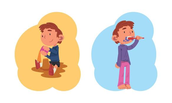 Schoolchild Daily Routine with Boy Brushing His Teeth and Playing in Sandpit Set vector