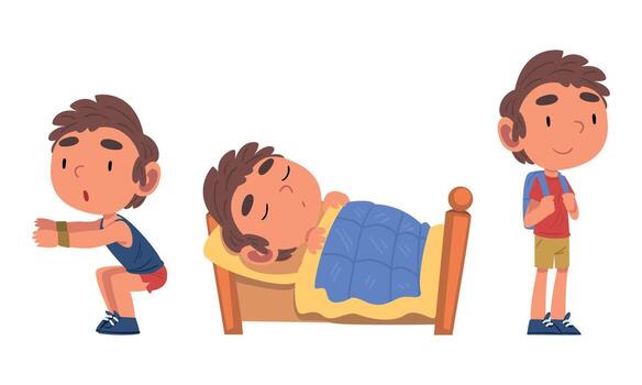Schoolchild Daily Routine with Boy Sleeping in Bed and Doing Physical Exercise in the Morning Set vector