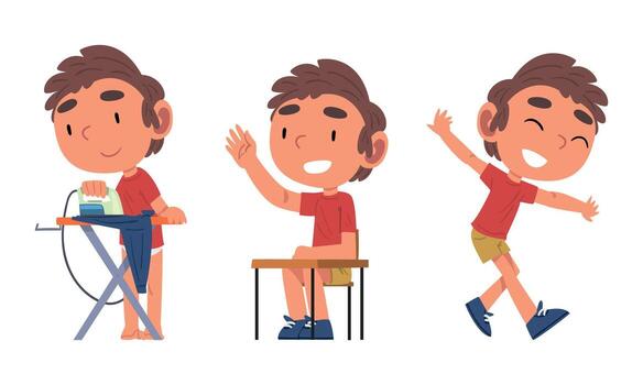 Schoolchild Daily Routine with Boy at School Desk Having Lesson and Ironing Set vector
