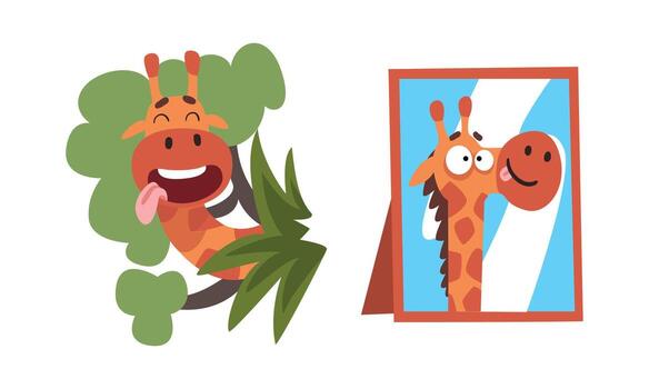 Funny Giraffe Character with Long Neck Grimacing Sticking Out Tongue and Smiling from Photo Frame Set vector