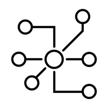 Minimalist hub and spoke network icon representing technology, connection, and system structure. vector