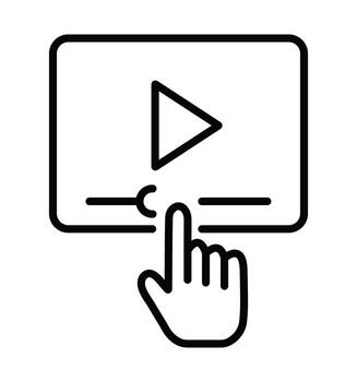 Simple line art icon of a hand cursor clicking on a player progress bar. Symbol for streaming and playback control. vector