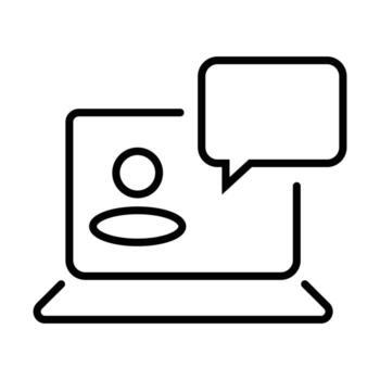 Simple line icon of a conference, online webinar, or virtual meeting with a user and speech bubble on a laptop screen. vector