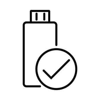 Line icon of a USB flash drive with a checkmark, symbolizing successful data transfer, backup complete, or secure storage. vector
