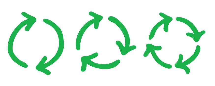 orgánico emblema conjunto de mano dibujado reciclar flecha icono reciclaje recursos símbolo reutilizar de materiales, cero desperdiciar, verde ambiente, ahorro el planeta vector