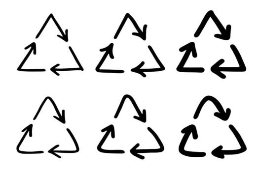 conjunto de mano dibujado reciclar flecha icono reciclaje recursos símbolo reutilizar de materiales, cero desperdiciar, verde ambiente, ahorro el planeta orgánico garabatear vector