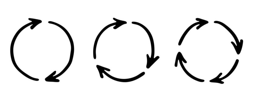 Set of hand drawn recycle arrow icon Recycling resources symbol Reuse of materials, zero waste, green environment, saving the planet organic rotation vector