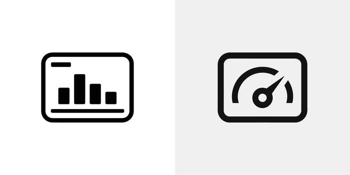 negro icono conjunto bar grafico gráfico y velocímetro indicador, aislado en blanco antecedentes vector