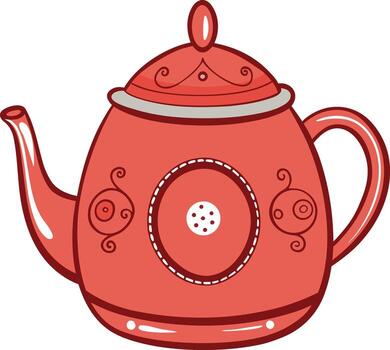 Red teapot with decorative swirls and circles kettle vector
