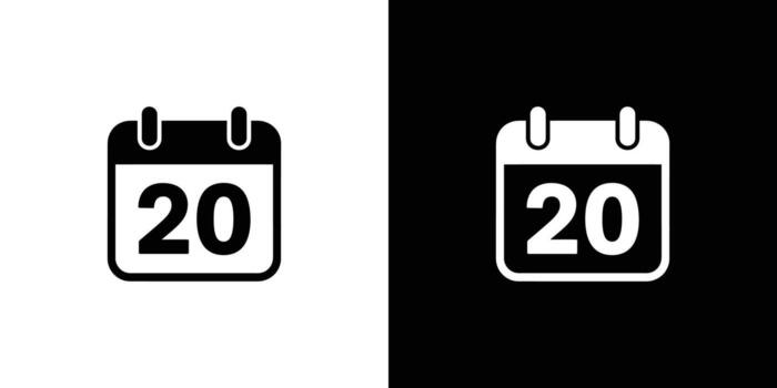 Calendar Icon Featuring Number 20 in Black and White Isolated on Backgrounds vector