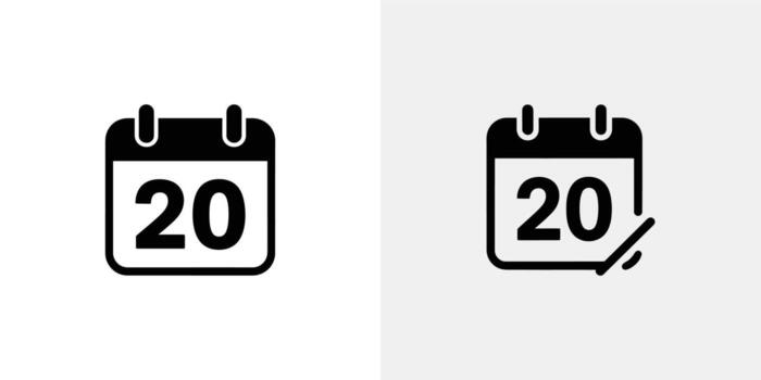 Calendar Icon Set with Day 20 in Black on Split White Transparent Background vector