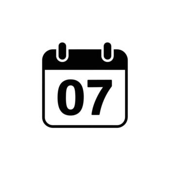 Calendar icon showing date 07 on white background, black minimal design, flat style vector
