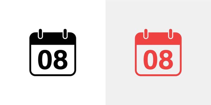 Calendar Icon With Number 08 In Black and Red Color Scheme vector