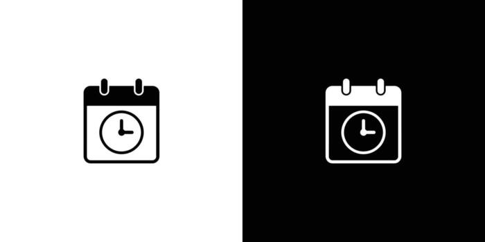 Calendar with Clock Icon Black Version on White, White Version on Black Background vector