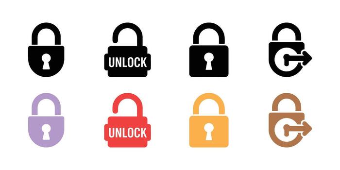 Colorful Padlock Icons Locked, Unlocked, Security, Data Encryption, Protection, And Access Control Illustrations on White Background vector