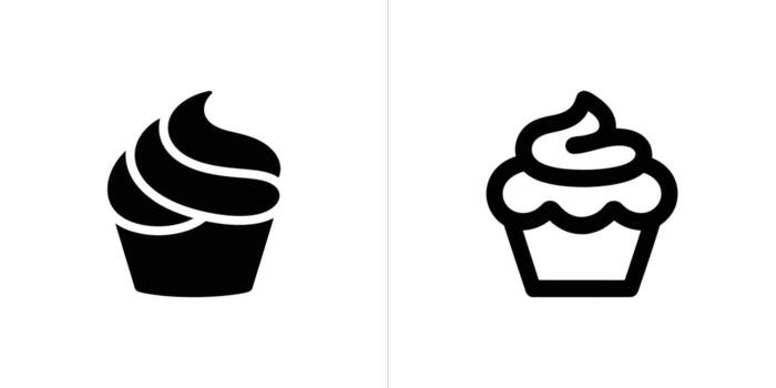 Cupcake Icon Solid Fill and Outline Rendering, Black on White Backgrounds, Simple Glyph vector