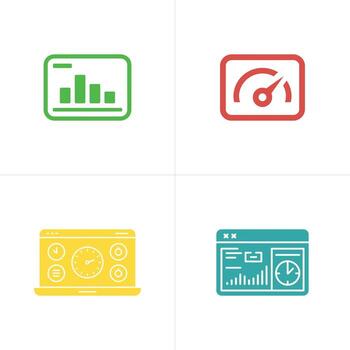 tablero íconos verde bar grafico, rojo indicador, amarillo ordenador portátil interfaz, verde azulado reloj y grafico vector