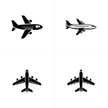 Four Black Airplane Icon Illustrations Side and Front Views of Passenger Aircraft in Flight vector