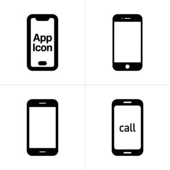 Four Black and White Smartphone Icons Displaying App Icon and Call Text and Blank Screens vector