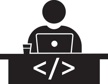 Arte de programador trabajando en ordenador portátil a escritorio con código símbolo y café taza vector