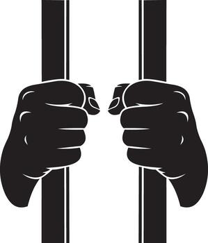 Art of silhouette of hands gripping prison bars, symbolizing confinement and the desire for freedom vector
