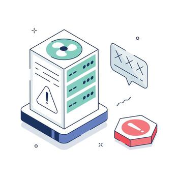 isométrica 3d servidor error ilustración demostración base de datos mal funcionamiento o hardware advertencia. vector