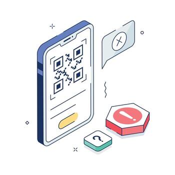 Isometric 3D QR code error illustration showing scan failure or invalid code. vector