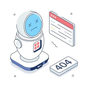 Cute isometric robot showing 404 page not found message for website or app design. vector