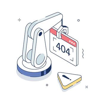 robótico brazo concepto colocación un 404 error página para tecnología sitios web, isométrica ilustración vector