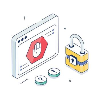Isometric computer screen showing restricted web access warning vector