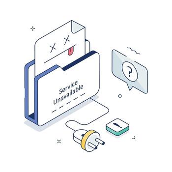 Isometric illustration of service unavailable error with unplugged cable and sad document vector