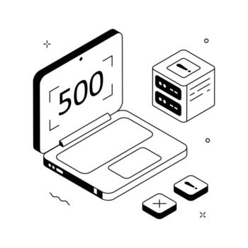 isométrica ilustración de 500 interno servidor error con ordenador portátil y base de datos concepto. vector