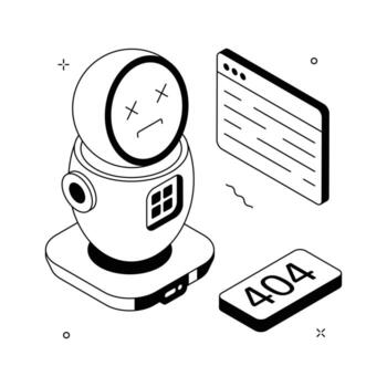 Cute isometric robot showing 404 page not found message for website or app design.. vector