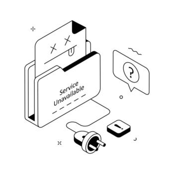 Isometric illustration of service unavailable error with unplugged cable and sad document. vector