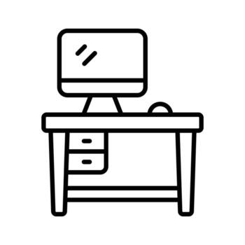Office desk icon representing work and organization, line outline style,. vector