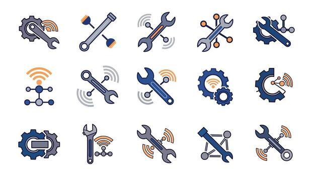 Set Of Engineering And Maintenance Icons Featuring Gears, Wrenches, Tools, And Wireless Signals vector