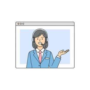 un simpático profesional mujer en un azul chaqueta de sport y auriculares habla durante un virtual presentación dentro un web navegador ventana, ilustrando cliente servicio, en línea apoyo, y digital comunicación vector