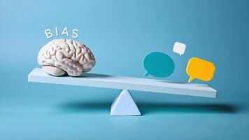 3d Wippe mit ein Gehirn und schwebend 'Voreingenommenheit' Text, Heben bunt Rede Blasen, symbolisieren kognitiv vorspannen video
