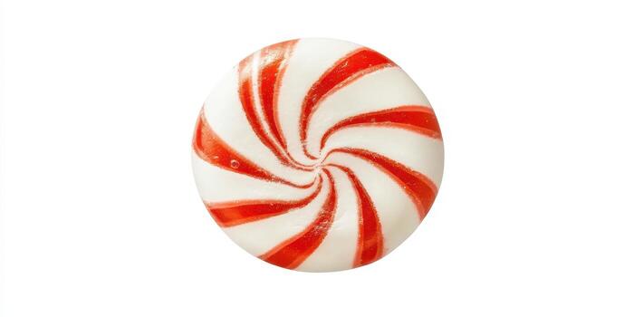 Circular Red And White Swirl Candy Isolated On White Background Texture With Spiral Pattern photo