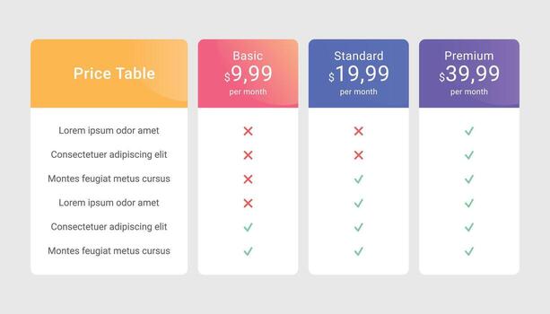 Comparison Pricing Table Template Design with 3 Plans vector