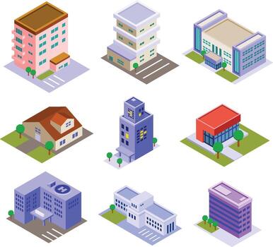 Isometric buildings illustration with diverse designs vector
