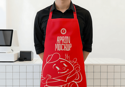 davanti Visualizza di un' persona indossare un' rosso grembiule modello nel un' bar ambientazione psd