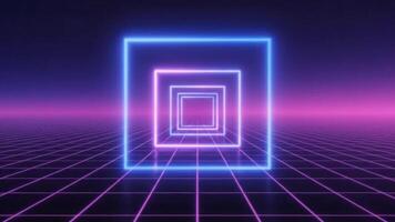 dinâmico abstrato ilustração do brilhando néon quadrados formando uma hipnótico túnel, estendendo para dentro uma virtual grade, capturando uma retro-futurista ciberespaço estético e infinito digital viagem video