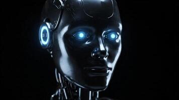 A captivating close-up of a futuristic metallic robot head with glowing blue eyes, symbolizing advanced artificial intelligence, technological innovation, and the evolution of cybernetic entities video