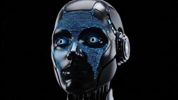 Close-up of a futuristic humanoid robot's head with glowing blue circuits on its face, representing artificial intelligence and advanced technology video