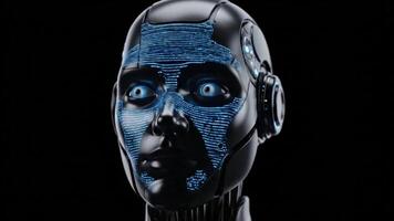 Advanced humanoid android head with glowing blue digital patterns on its face, representing artificial intelligence and future technology video