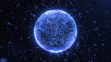 Glowing blue and white illuminated Earth centered in space with clouds and stars on a dark background. video