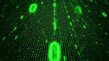 un' buio sfondo con un' griglia di verde binario codice streaming giù nel un' digitale pioggia effetto con variando luminosità e taglia. video
