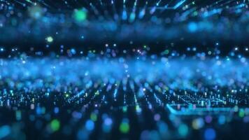 abstract afbeelding van blauw licht deeltjes uitstralend naar buiten in allemaal routebeschrijving tegen een donker achtergrond met een Ondiep diepte van veld. video